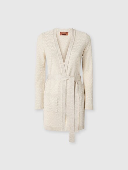 Chevron pattern belted cardigan, Beige - DS25WM11BK01B7S01J9