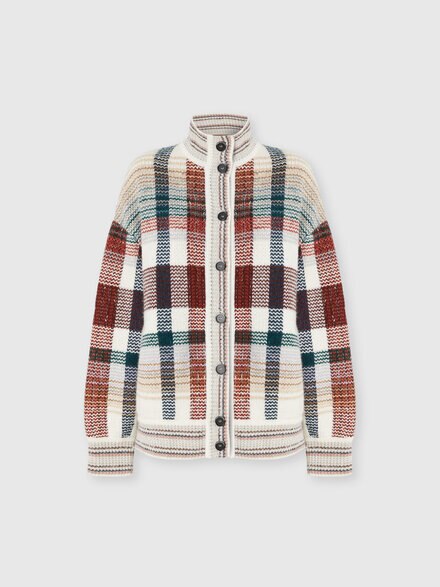 Oversized buttoned cardigan with check pattern, White & Burgundy - DS25WM1CBC005LS01J3