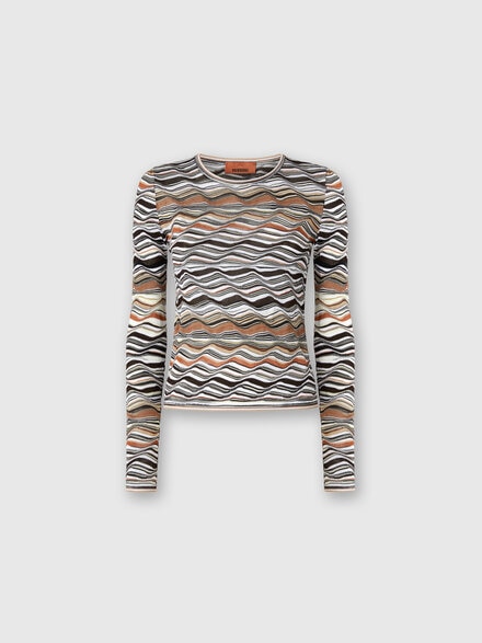 Crew Neck Sweater with Wave Pattern, Beige & Brown - DS25WN06BK01C0SM9SR