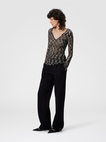 Jersey slim fit con escote en V en encaje, Negro & Marròn - DS25WN0GBR012HS80DP