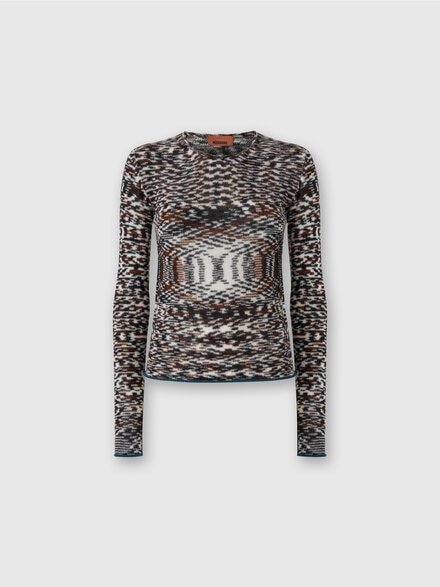 Crew Neck Sweater with Flame Pattern in Cashmere Blend, Black & Brown - DS25WN0LBK01C9FM13X