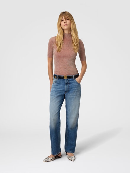 Mock neck sweater with lamé threads, Pink Lamé - DS25WN13BK01BYL201F