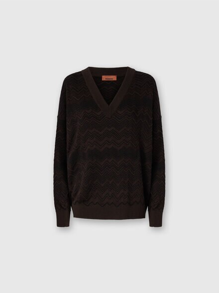Maglia oversize con scollo a V in chevron, Marrone - DS25WN14BK01CPS80E1