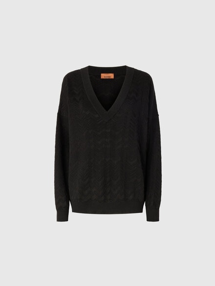 Oversized V-Neck Sweater in Chevron Pattern, Black - DS25WN14BK01CPS91QK