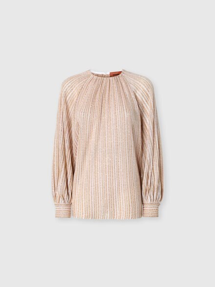 Flared Crew Neck Sweater with Lamé Stripes, White  - DS25WN17BK01CLS30FN