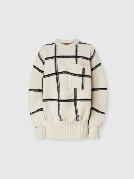 Pull oversize col rond à carreaux en laine, Blanc  - DS25WN1QBK01EOS01JF