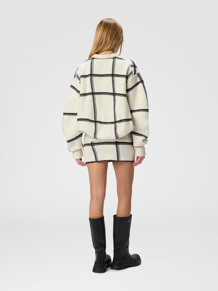 Oversized wool check crew neck sweater, White  - DS25WN1QBK01EOS01JF