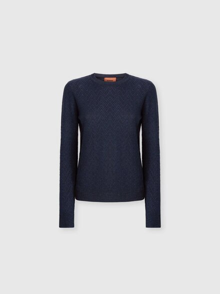 Crew neck sweater with chevron pattern and lamé filaments, Blue - DS25WN1XBK01B7S72O5