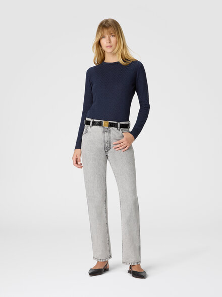 Crew neck sweater with chevron pattern and lamé filaments, Blue - DS25WN1XBK01B7S72O5