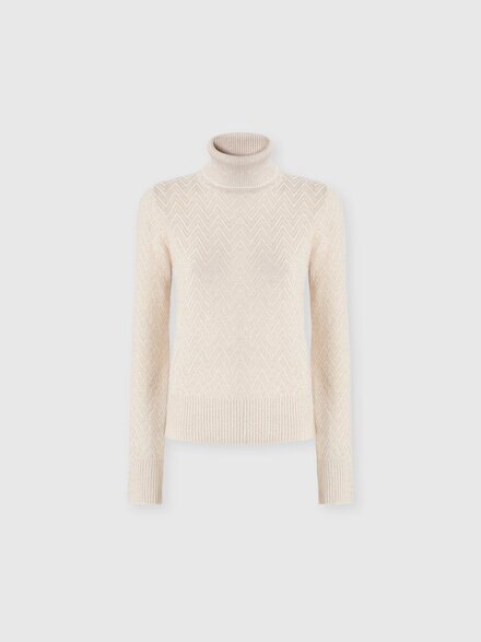 High-neck sweater with chevron pattern and lamé filaments, Beige - DS25WN1YBK01B7S01J9