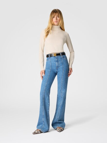 High-neck sweater with chevron pattern and lamé filaments, Beige - DS25WN1YBK01B7S01J9