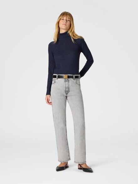 High-neck sweater with chevron pattern and lamé filaments, Blue - DS25WN1YBK01B7S72O5