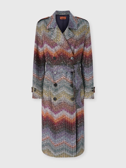Long double-breasted slim-fit trench coat in a Greek-style zigzag knit with sequins, Multicoloured  - DS26SC01BC005YS72P0