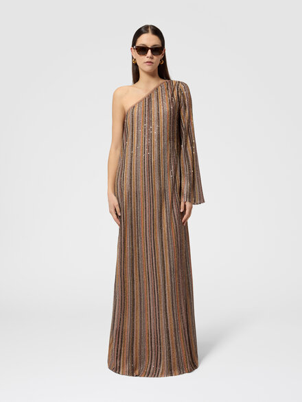 Robe longue asym&eacute;trique en viscose lam&eacute; c&ocirc;tel&eacute;e, Or& Beige - DS26SG02BK01CLS80ES