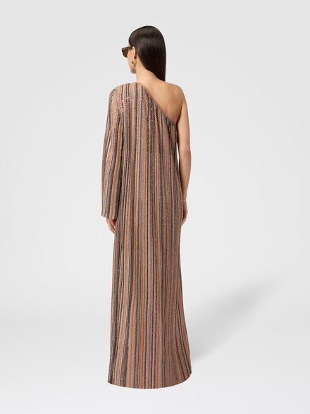 Robe longue asym&eacute;trique en viscose lam&eacute; c&ocirc;tel&eacute;e, Or& Beige - DS26SG02BK01CLS80ES