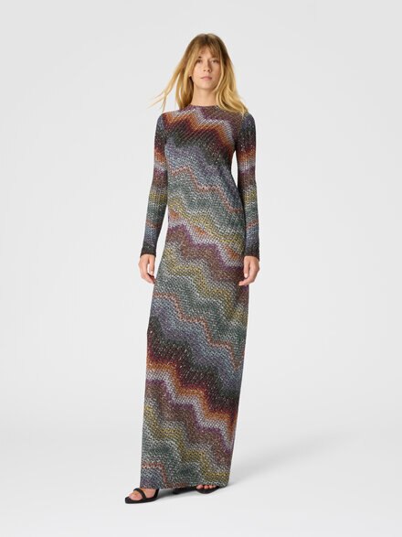 Long-sleeved dress in a Greek-style zigzag knit with sequins, Multicoloured  - DS26SG04BC005YS72P0
