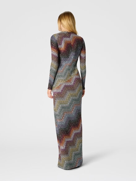 Long-sleeved dress in a Greek-style zigzag knit with sequins, Multicoloured  - DS26SG04BC005YS72P0