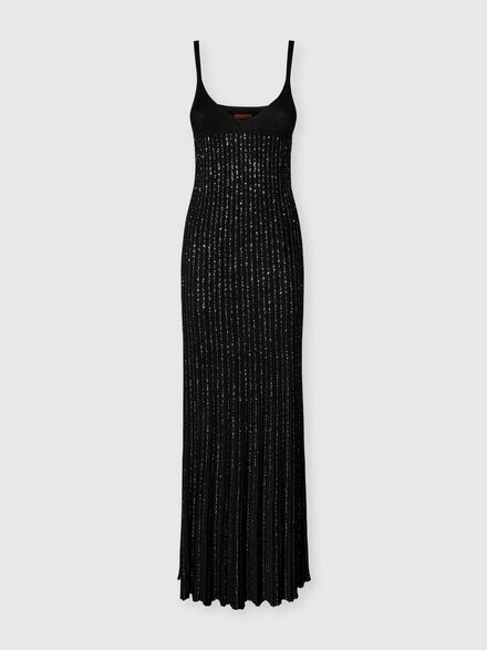 Sleeveless Mixed Viscose Lamé Gown with Sequins, Black - DS26SG0LBK01GHS91RX