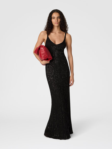 Sleeveless Mixed Viscose Lamé Gown with Sequins, Black - DS26SG0LBK01GHS91RX