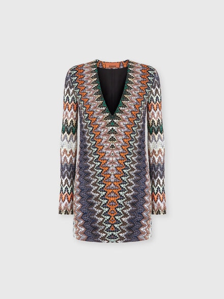 Viscose and Cotton Lam&eacute; Mini Dress with Deep V-Neck, Multicoloured  - DS26SG0OBR014ZS72OW