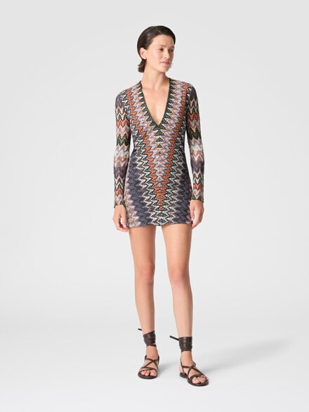 Viscose and Cotton Lam&eacute; Mini Dress with Deep V-Neck, Multicoloured  - DS26SG0OBR014ZS72OW