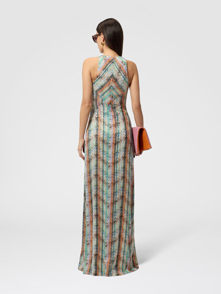 Abito lungo smanicato in misto viscosa lam&eacute; multilavorazione, Multicolore  - DS26SG0PBC005ZS01K3