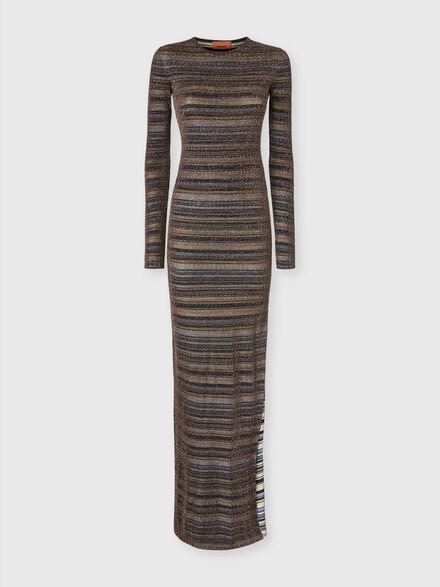 Striped Viscose Lamé Gown with Slit, Green& Brown - DS26SG0WBK01GRSMSML