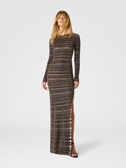 Striped Viscose Lamé Gown with Slit, Green& Brown - DS26SG0WBK01GRSMSML