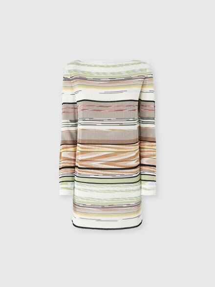 Flame-Striped Viscose Mini Dress with Boat Neck, Green& Brown - DS26SG17BK01H0SMSMN