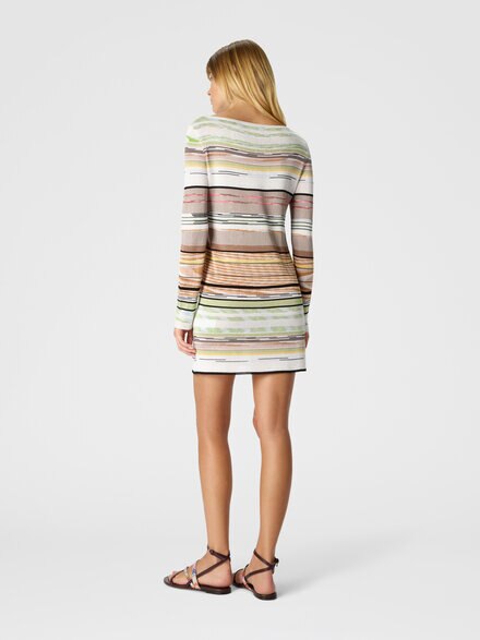 Flame-Striped Viscose Mini Dress with Boat Neck, Green& Brown - DS26SG17BK01H0SMSMN