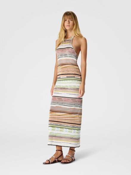 Gestreiftes Flamm-Viskose-Langkleid mit Neckholder, Grün & Braun - DS26SG18BK01H0SMSMN