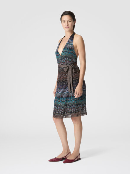 Knielanges Kleid mit Neckholder und G&uuml;rtel, Gr&uuml;n & Braun - DS26SG1FBK01H9SM9ZT