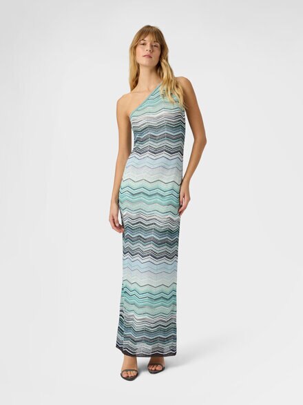 Long one-shoulder dress with a chevron pattern with sequins, Green& Brown - DS26SG1GBK01H9SMSN4