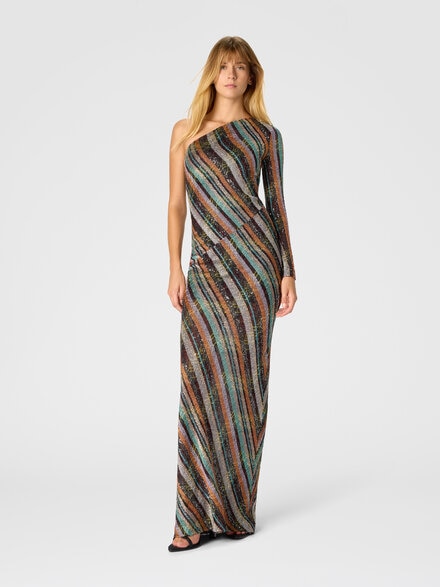 Long one-shoulder dress in an irregular zigzag knit with sequins, Multicoloured  - DS26SG1PBC005ZS72P3