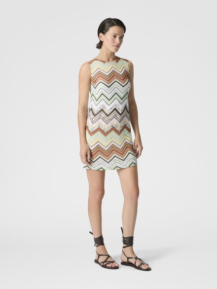 Sleeveless Chevron Viscose and Cotton Mini Dress, Green& Brown - DS26SG1VBC0062SM9YO