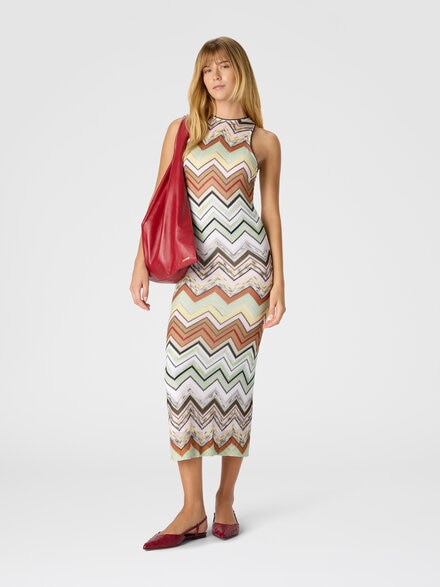 Abito lungo senza maniche in viscosa e cotone chevron, Verde& Marrone - DS26SG1WBC0062SM9YO
