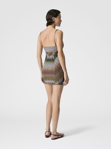 Sleeveless Viscose Lamé Mini Dress with Deep Neckline, Green& Brown - DS26SG1XBR014SSM9YM