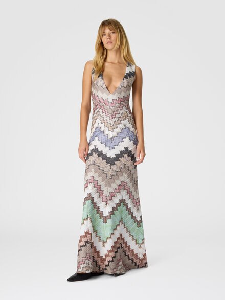 Vestido largo de viscosa lamé con profundo escote en V, Verde & Marròn - DS26SG1YBR014WSM9Y3