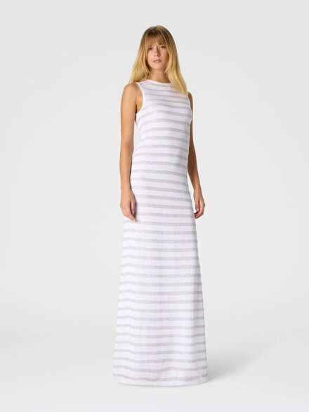 &Auml;rmelloses gestreiftes Langkleid aus Viskose mit Schlitz, Gr&uuml;n & Braun - DS26SG24BK01HBS01KP