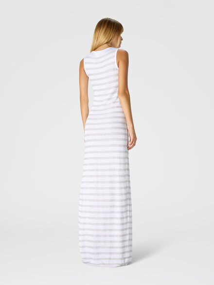 &Auml;rmelloses gestreiftes Langkleid aus Viskose mit Schlitz, Gr&uuml;n & Braun - DS26SG24BK01HBS01KP