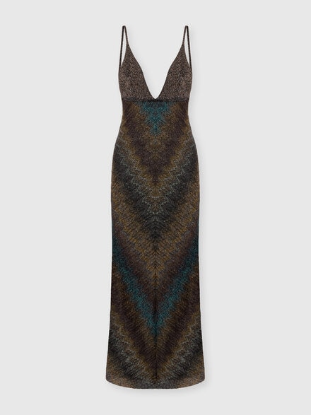 Viscose Lamé Gown with Deep Neckline, Green& Brown - DS26SG28BR014SS91RN