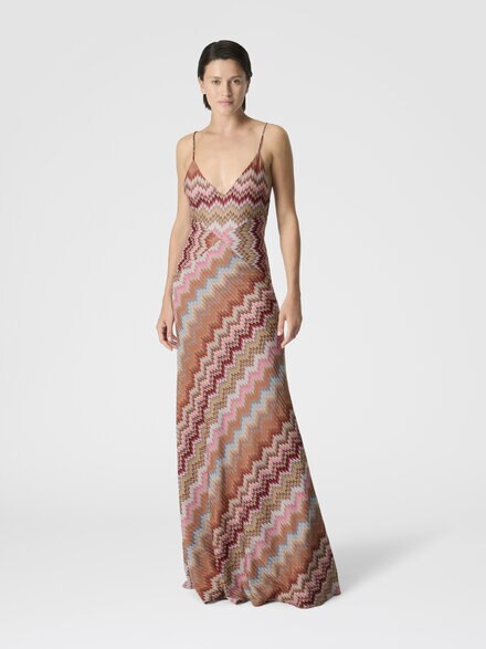 Langes Kleid mit gekreuzten Trägern aus Chevron-Viskose, Grün & Braun - DS26SG29BR014TSM9Y1