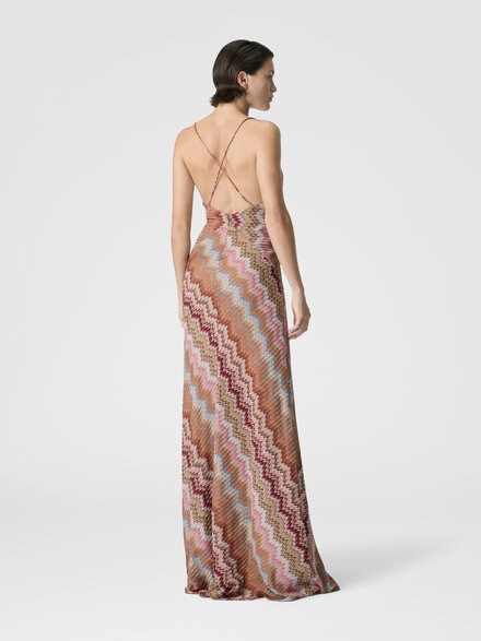Langes Kleid mit gekreuzten Trägern aus Chevron-Viskose, Grün & Braun - DS26SG29BR014TSM9Y1