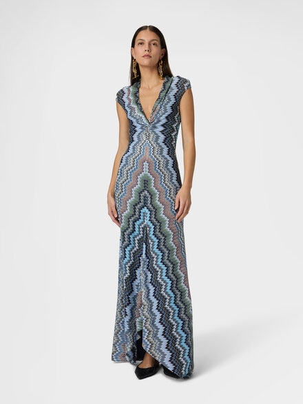 Abito lungo con scollatura annodata in viscosa chevron motivo snake, Verde& Marrone - DS26SG2KBR014TS91RM