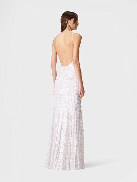 Vestido largo con motivo de encaje y escote en la espalda, Blanco & Dorado - DS26SG3IBR015XS01LI