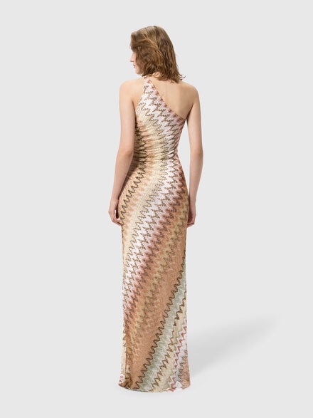 One-shoulder long dress in chevron lam&eacute; viscose, Multicoloured  - DS26SG3JBR015ISMSPJ