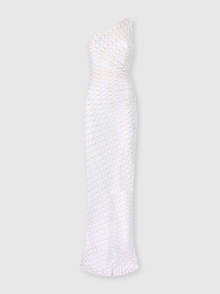 Vestido largo de un solo hombro en encaje zig zag, Blanco & Dorado - DS26SG3JBR015XS01LI