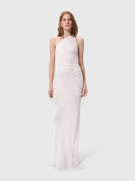 Vestido largo de un solo hombro en encaje zig zag, Blanco & Dorado - DS26SG3JBR015XS01LI