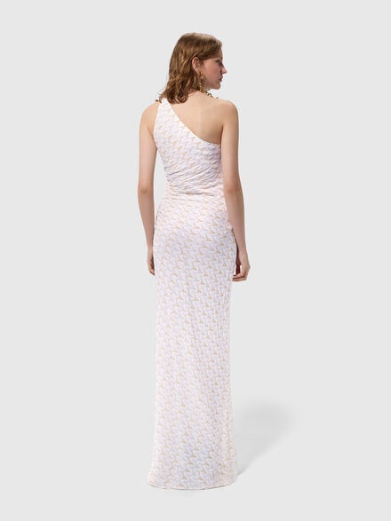 Vestido largo de un solo hombro en encaje zig zag, Blanco & Dorado - DS26SG3JBR015XS01LI