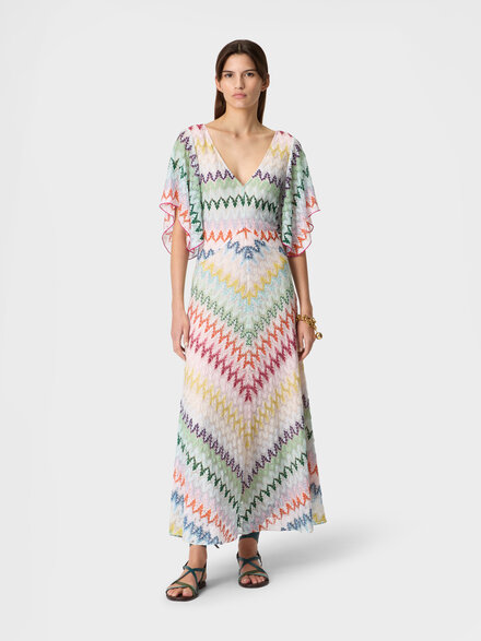 Vestido largo con escote en V en viscosa lam&eacute; con motivo zigzag, Multicolor  - DS26SG3KBR015IS30G5